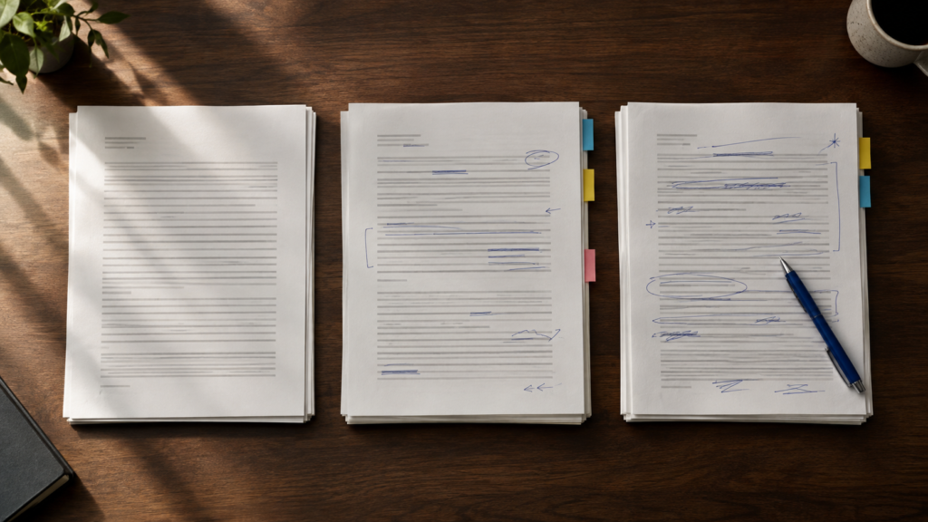 Three identical case management assessment forms on a desk, each progressively more annotated.